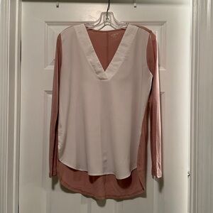 LOFT outlet Cream and Pink V-Neck mixed media Blouse